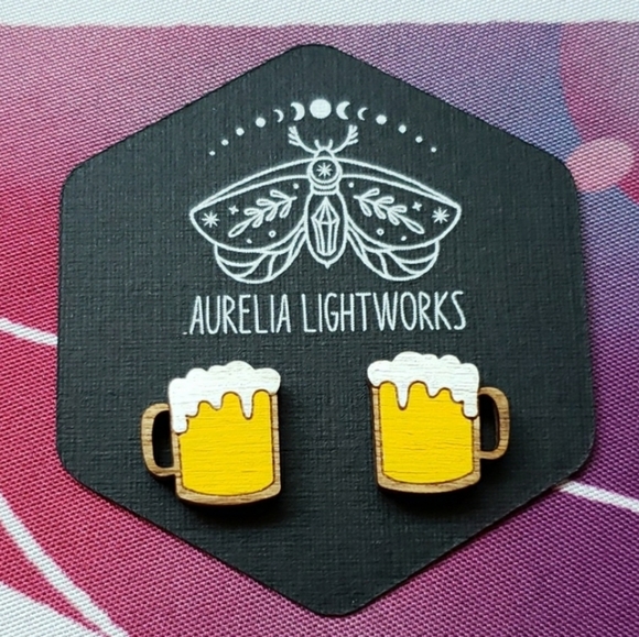 Hand Crafted Jewelry - 🍺 Laser cut wood beer mug stud earrings